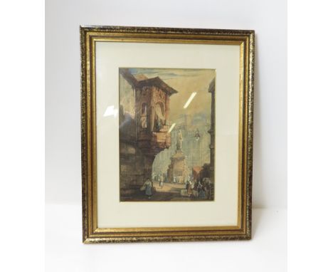A 19th century street scene print, along with print of birds