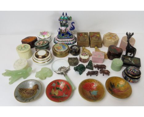 An enamelled model of an Indian elephant, along with collection of trinket and pill boxes