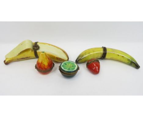 Five Limoges pill/trinket boxes, in the form of a strawberry, pear, two bananas and one other