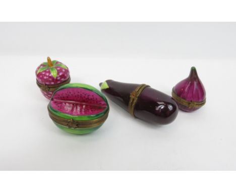Four Limoges pill/trinket boxes, in the form of a watermelon, onion, raspberry and aubergine