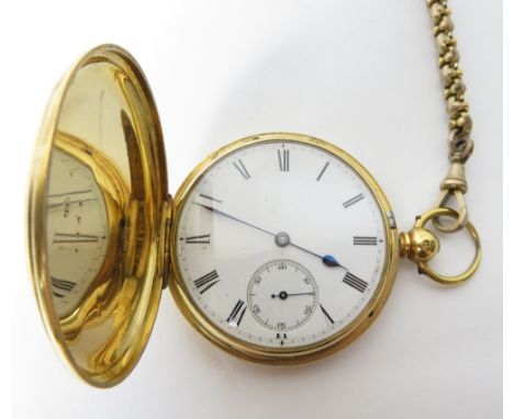 Barwise, a Victorian 18 carat gold half hunter pocket watch, London 1853, the white enamel dial with black Roman numerals, bl