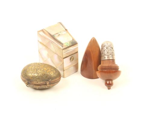 A needle packet case and two thimble cases, the needle packet case in mother-of-pearl and abalone shell with sloping lid, two
