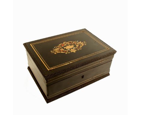 A French ebony and brass inlaid sewing/jewellery box, circa 1870, of rectangular form, the lid with cut brass tortoiseshell a