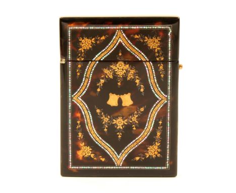 A fine tortoiseshell and inlaid visiting card case, circa 1840, hinged top, one side with gold pique of flowers with two cent