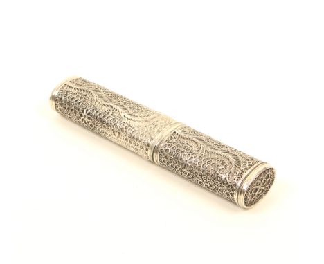 A late 18th century Chinese silver core filigree bodkin case of oval section, all over quill work design and conforming end p