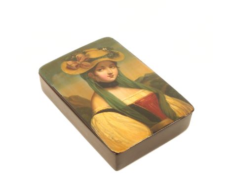 A good German papier-m«chª rectangular snuff box, circa 1840, the lid painted with a polychrome panel of a woman, waist lengt