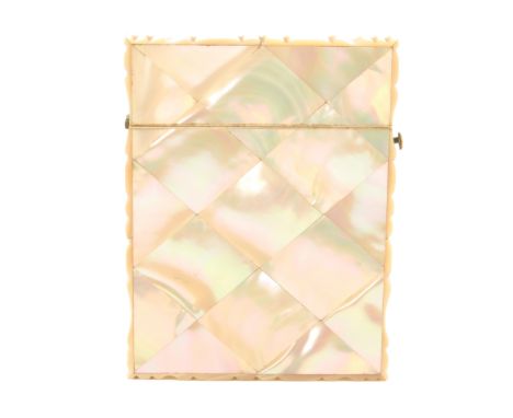 A mother-of-pearl and abalone shell visiting card case, circa 1870, hinged lid, one side in mother-of-pearl diamonds, the oth