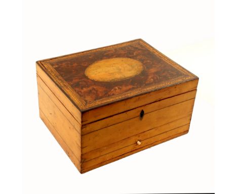 A Georgian whitewood sewing box of rectangular form, the lid originally with oval print within a burr yew wood surround and d