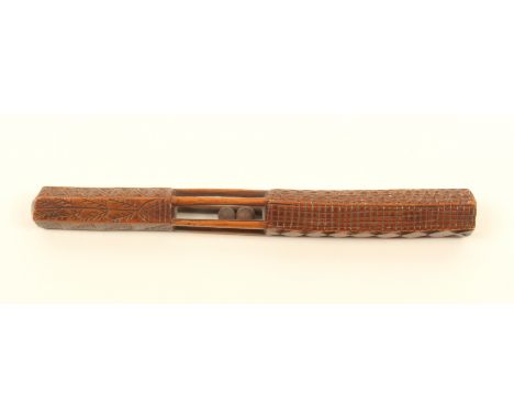 A good 18th century fruitwood knitting stick, probably English, of five-sided section, with central five pillar lantern or ca