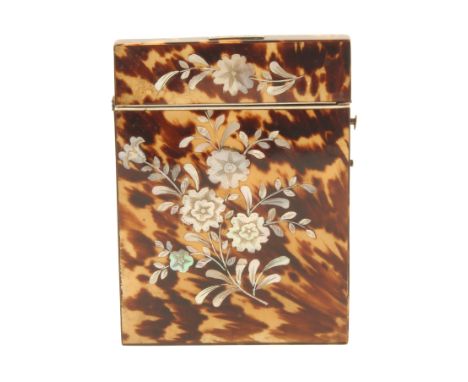 A tortoiseshell and mother-of-pearl inlaid visiting card case, circa 1850, hinged lid, both sides inlaid with sprays of flowe