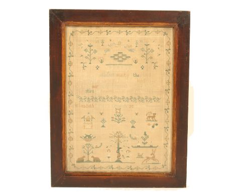 A sampler by 'Elizabeth Parham March 30th 1829', worked in green and grey with Adam and Eve, flowering jardini¿res, angels, l
