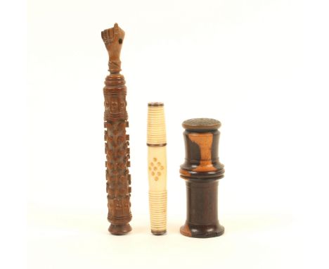 Three needlecases, comprising; a 'Wheeler and Wilsons Sewing Machine' example, in turned wood with button form numerical top,