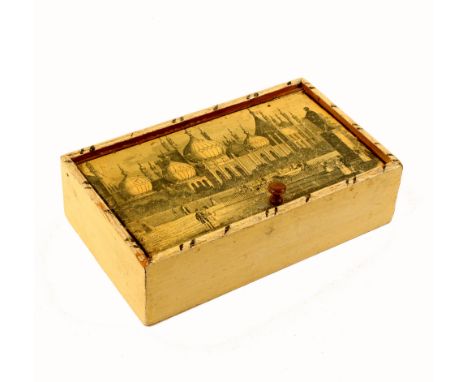 An early Tunbridge painted box of rectangular pin hinge form, ivory ground, the lid with a print of the Brighton Pavilion wit