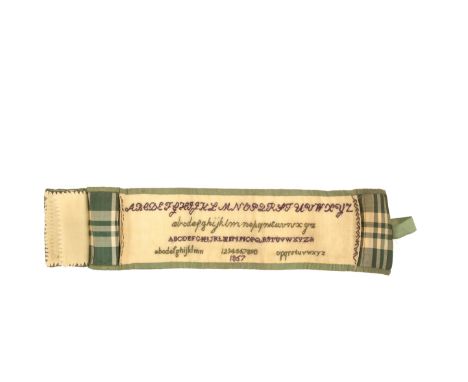 A good sampler form 'hussif', in chequered green silk incorporating a buttoned rectangular pincushion and triple needle flann