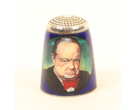 A silver thimble by James Swan and Son, enamelled by Peter Swingler with portrait of Winston Churchill and panel inscribed 'W