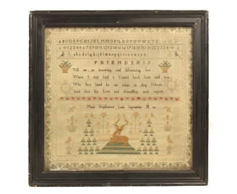 A sampler by 'Mary Stephenson Leak, September 23rd 1811', worked with alphabets and numerals, a verse on friendship, birds, j