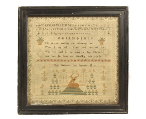 A sampler by 'Mary Stephenson Leak, September 23rd 1811', worked with alphabets and numerals, a verse on friendship, birds, j