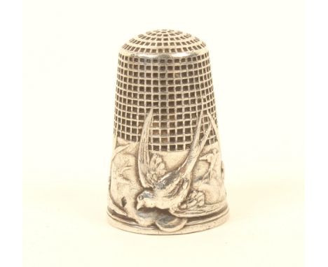 A French silver thimble, 'Flight of the Swallows', the frieze with a continuous band of birds in various states of flight, si