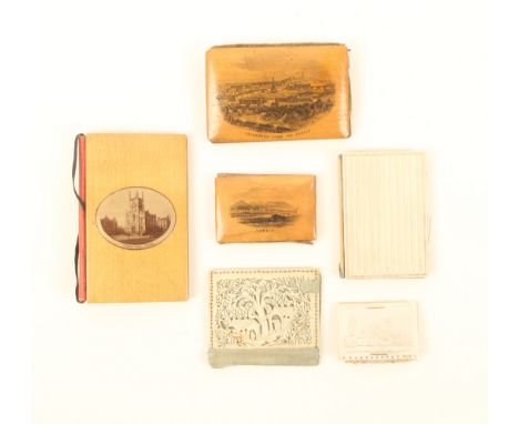 Six needlebooks, comprising; a mother-of-pearl example engraved to each side with a rural building, 4.5cm x 3cm, a similar pi