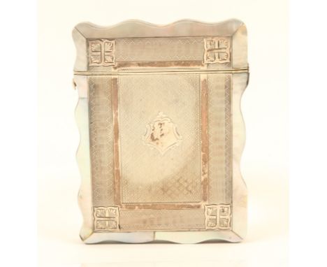 A tortoiseshell, mother-of-pearl and silver visiting card case, circa 1860, hinged lid, one side with full engine turned silv