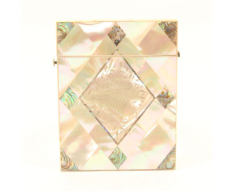 A mother-of-pearl and abalone shell visiting card case, circa 1860, hinged lid, one side in diamond panels of mother-of-pearl