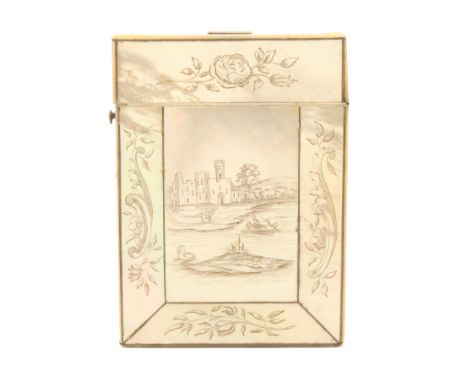 A mother-of-pearl visiting card case, circa 1830, hinged lid, veneered with large panels of mother-of-pearl, one side with a 