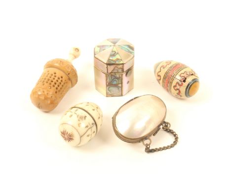 Five thimble cases, comprising; an abalone shell and mother-of-pearl example, of octagonal form, s.d., 3.7cm, a vegetable ivo