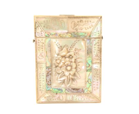 A mother-of-pearl and abalone shell visiting card case, circa 1845, hinged lid, both sides with floral engraved panels of mot