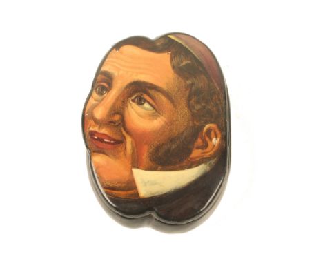 An unusual 19th century papier-m«chª snuff box of shaped oval form, the lid decorated with a printed and painted image of the
