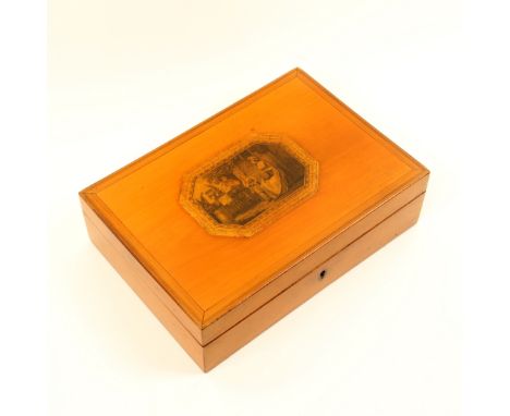 A George III whitewood sewing box of rectangular form, the lid with multiple line inlay borders centred by an octagonal monoc