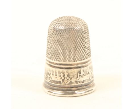 A rare English silver thimble of small size, the frieze with a continuous band of an early railway train pulling passengers i