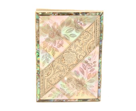 A mother-of-pearl, abalone shell and silver visiting card case, circa 1850, side opening, one side with a leaf scroll engrave