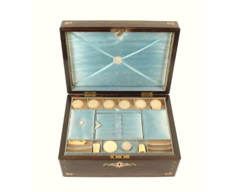 A coromandel and inlaid sewing box of rectangular form, circa 1850, the lid inlaid with brass lines, corner spandrels, inset 