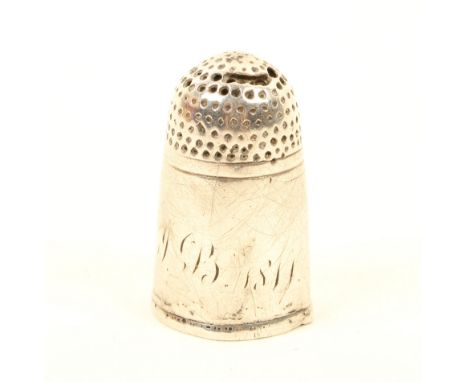 An 18th or early 19th century tall silver thimble, the plain deep frieze initialled and dated 'J.B. 1811', holes, 2.6cm.