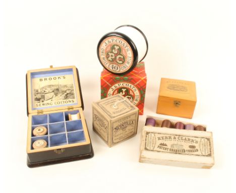Reel boxes and related items, comprising; a Mauchline ware box for 'Wm. Paton Ltd., Johnstone Mills, Johnstone, Scotland', ad