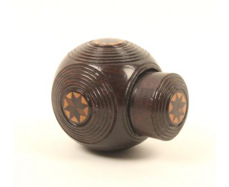 A rare turned rosewood Tunbridge Ware 'carpet ball' sovereign box, with six ring turned roundels centred by stickware panels,