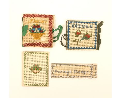 Four examples of Bristol card, comprising three needlebooks and a stamp case, the needlebooks comprising an example embroider