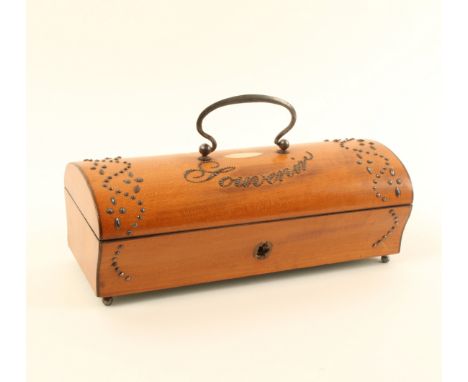 A Palais Royal satinwood small format sewing box, the domed lid with steel carrying handle, mother-of-pearl oval and inscribe