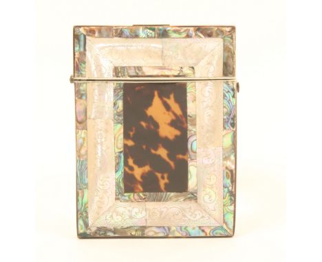 A tortoiseshell and mother-of-pearl visiting card case, circa 1850, hinged lid, both sides with a rectangular panel of tortoi