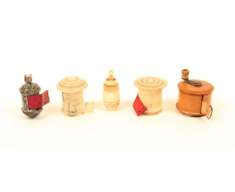 Five tape measures, comprising; an engraved hexagonal silver example, flower head winder, printed tape commencing at 2 inches
