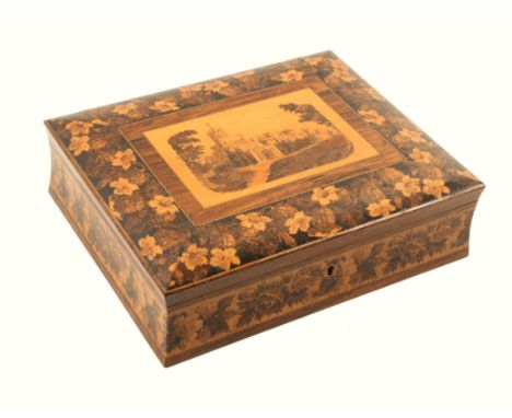 A good Tunbridge ware rosewood games box of rectangular form, the concave sides with a broad band of floral mosaic and inset 