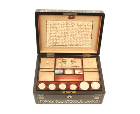 A mid-Victorian ebony and mother-of pearl inlaid sewing box of rectangular form, with internal printed label 'Kennedy, Manufa