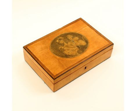 A Georgian satinwood small format sewing box, the lid with multiple borders and centred by an oval monochrome print of a woma