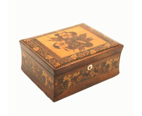 A Tunbridge ware rosewood rectangular box, the concave sides with a broad band of floral mosaic, the cushion form lid with a 