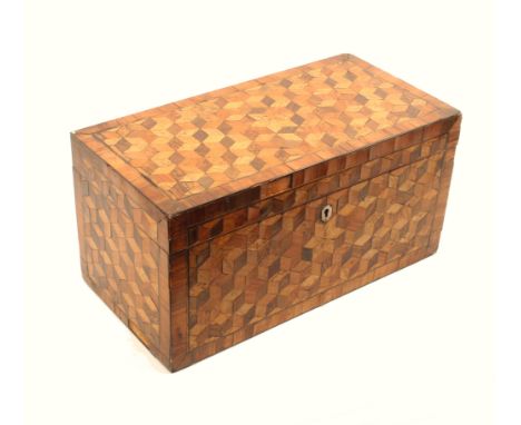 A large Tunbridge ware rectangular tea caddy, the lid, front and sides in cube work within line and crossbanded borders, moth