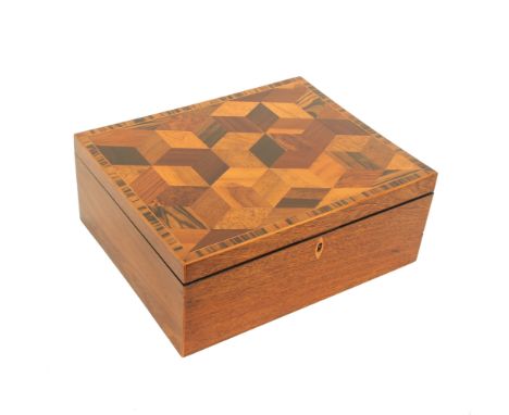 A Tunbridge ware mahogany sewing box of rectangular form, the lid in cube work within a crossbanded and boxwood line border, 