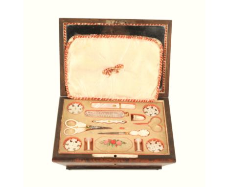 A fine Palais Royal sewing box in stained burr ash, circa 1830, the centre cushion form lid with a steel carrying handle, wit