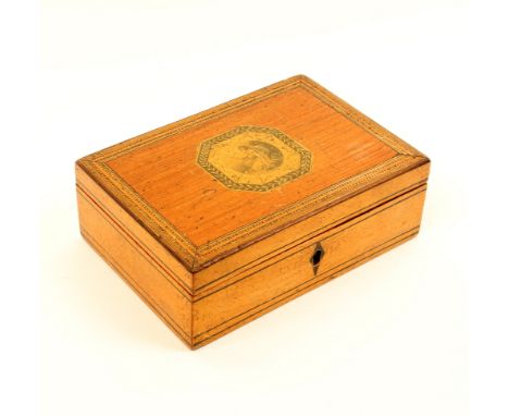 A Georgian whitewood rectangular box, probably early Tunbridge ware, the sides with painted lines and diamond escutcheon, the