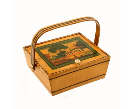 An early painted Tunbridge ware small format sewing pannier, line painted sloping sides with pin hinge rectangular lid painte