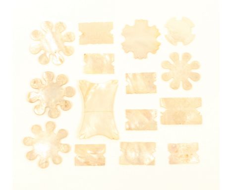 Fifteen mother-of-pearl silk winders, comprising; four Chinese engraved snowflake examples, one with unusual view of an Engli